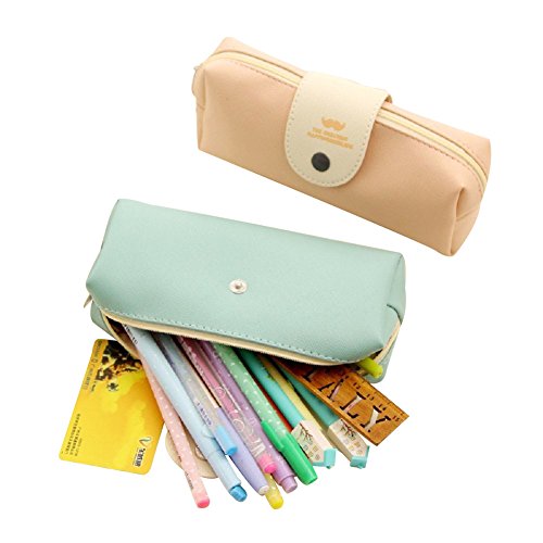 MiCoolker Cute Cartoon Bearded Pencil Pen Case Pouch Cosmetic Makeup Bag, Set of 2 (Green and Pink)