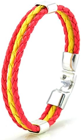 National Flag Design Triple Round Cord Braided Rope Wrap Leather Men's Bracelet Bangle Wristband (Spain Style)