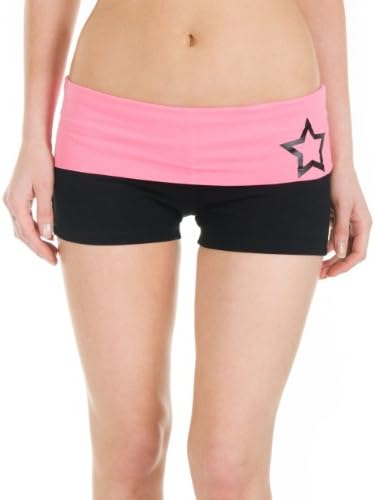 Juniors Two Tone Fold Over Cheer Spandex Shorts Pink or Turquoise (Large, Black/L.Pink)