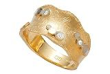 14K Yellow Gold Hand-Crafted Matte-Finish Designer Ring, Enhanced with White Gold Bezel Set Diamonds.