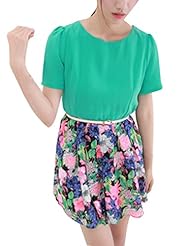 Polyester Bubble Dress Scoop Neck Short Sleeves Pleated Belted Above the Knee Short General Print  Dress