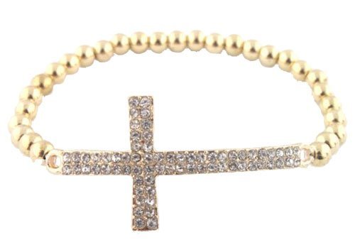 2 Pieces of Goldtone Iced Out Cross Elastic Stretch Bracelet Shamballah