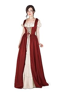 Renaissance Medieval Irish Costume Over Dress & Boho Chemise Set (L/XL, Cranberry)