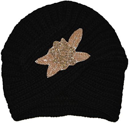 Turban Hat Women Headband Winter Warm Soft Knit Turban With Flower Beanie Cap (Black)