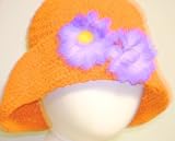 Hand Crocheted Orange Rayon Cotton Gimp Floppy Hat for Children and Teens Trimmed with Satin Flowers
