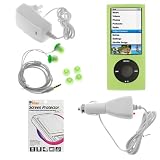 GTMax Green Soft Rubber Silicone Skin Cover Case + Car Charger + Home Charger + Green Stereo Candy Soft Gel Headset 3.5mm + Clear LCD Screen Protector for Apple iPod nano 16GB 8GB 5th 5G Generation NEWEST MODEL