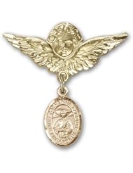 Gold Filled Baby Badge with St. Catherine Laboure Charm and Angel with Wings Badge Pin