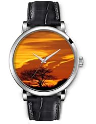 SPRAWL Aanalog Fashion Series Silver Ladies Watches of Genuine Black Leather Strap,Unique Wrist Watch for Women Girls Designed with Sunny and dry orange tree