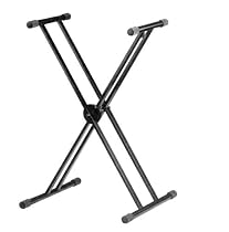 Black Height Adjustable High Quality Twin X Frame Keyboard Stand With A Quick Pull Release Mechanism.