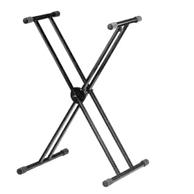 Black Height Adjustable High Quality Twin X Frame Keyboard Stand With A Quick Pull Release Mechanism.