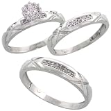 10k White Gold 3-Piece Trio His (4mm) & Hers (3.5mm) Diamond Wedding Band Set, w/ 0.13 Carat Brilliant Cut Diamonds; (Ladies Size 5 to10; Men's Size 8 to 14)