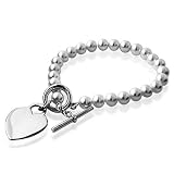 Image of Sterling Silver T-Lock Pearl Bracelet w/ Heart Charm 7.5