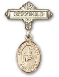14K Gold Baby Badge with St. Bernadette Charm and Godchild Badge Pin