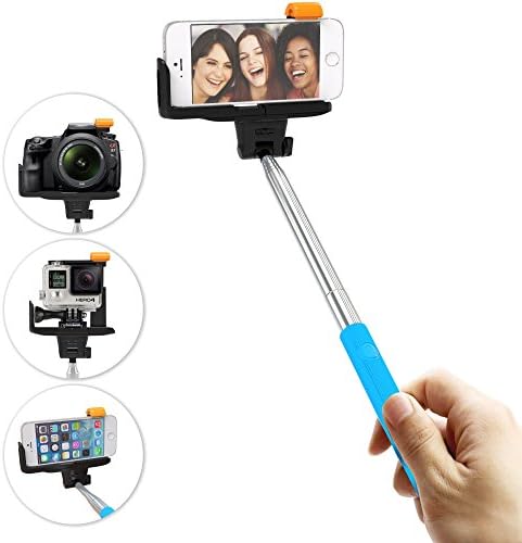 Evies Stainless Steel Selfie Stick with Built in Rechargeable Bluetooth Shutter Button for GoPro Camera, iPhone 4, 4s, 5, 5s, 6, 6 Plus, iPods, Samsung Galaxy S3, S4, S5, S6, Note 2, 3, 4 - Blue