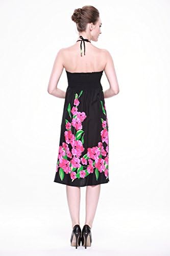 LLJ Hawaii Women's Hawaiian Butterfly Dress in Black with Pink Hibiscus Print