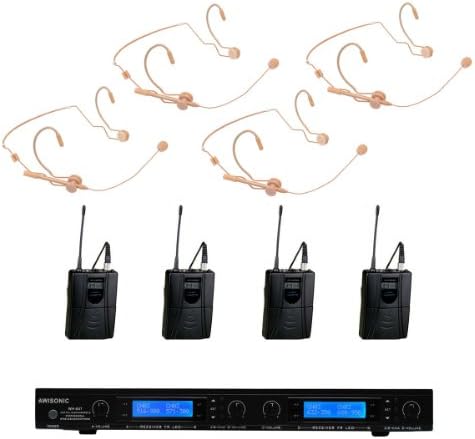 Awisco UHF 4-Channel Wireless Microphone System with Detachable Dual-Sided Earhook Mini Headset (847B637D)