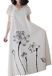 Cotton/Linen General Print Short Sleeves Ankle Length  Dress