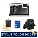 Olympus Stylus Tough-6020 Digital Camera (Black), 14 Megapixel, 28mm 5X Optical Zoom, 2.7" LCD Screen, Waterproof to 16', 4 GB Memory Card, Deluxe Carrying Case, and Lens Cleaning Kit
