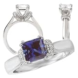 18K 5.5mm Princess Cut Blue CZ Engagement Ring with Natural Diamonds
