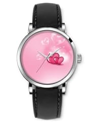 SPRAWL Aanalog Fashion Series Silver Ladies Watches of Genuine Black Leather Strap,Unique Wrist Watch for Women Girls Designed with Hearts on pink background