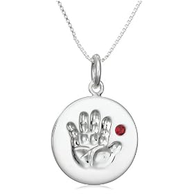 Sterling Silver July Birthstone Handprint Pendant, 18" by 