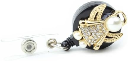 Angel ID Badge Holder with Retractable Pull Reel and Rhinestones Black Gold