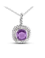 Square Shaped Silver Rhodium Plated Textured Frame Pendant With A Prong Set Cushion Cut Natural Amethyst Center Stone