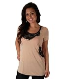 41dhwIzD0kL. SL160  MM COUTURE BY MISS ME TAUPE LACE TRIM TEE