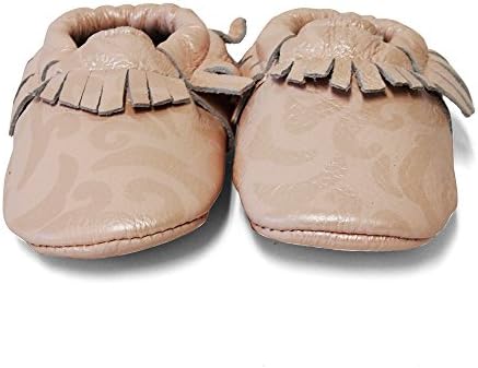 SnuggleRoo Leather Baby Moccasins Soft Sole Slip on Shoes with Stylish Fringe Handmade for Infants, Toddlers, Kids (3-6 Months (US 2 Infant), Flower Pink)