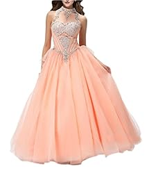  High-Neck Satin/Tulle Crystal Lace-Up Sequined    Ball Gown Quinceanera Dress  With a Bow(s) and Rhinestones
