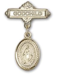 14K Gold Baby Badge with Miraculous Charm and Godchild Badge Pin