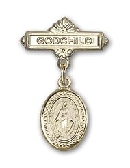 Gold Filled Baby Badge with Miraculous Charm and Godchild Badge Pin