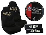 5 Piece NFL Gift Set - 2 Universal Fit Seat Covers and 2 Seat Belt Shoulder Pads and Rubber Grip Steering Wheel Cover - St Louis Rams