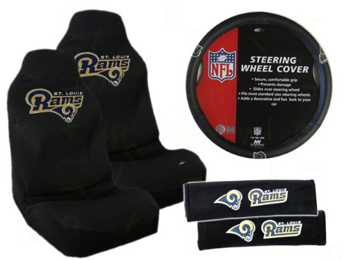 5 Piece NFL Gift Set - 2 Universal Fit Seat Covers and 2 Seat Belt Shoulder Pads and Rubber Grip Steering Wheel Cover - St Louis Rams