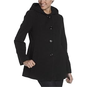 AK Anne Klein Women's Wool Single Breasted Seamed Detail Hooded Pea Coat