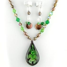 Murano Glass Green Flower Pendant Necklace Earrings Freshwater Pearl Sterling Silver ne1092