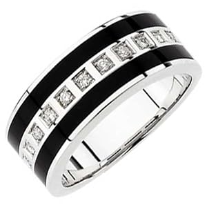 14kt White Gold Stripes Black Onyx and Men's Diamond Band