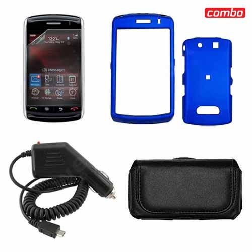 BlackBerry 9530/9500 Combo Rubber Feel Dark Blue Protective Case Faceplate Cover + LCD Screen Protector + Rapid Car Charger + Black Horizontal Leather Pouch for BlackBerry 9530/9500