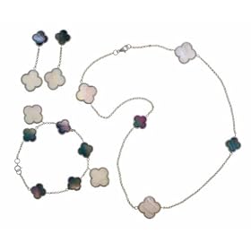 Sterling Silver Black and White Mother of Pearl Clover Necklace, Bracelet and... by The Jewelers Collection