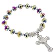 Religious Bracelet with Rainbow AB Rondell Faceted Beads and Crucifix- 5'' Overall Length - 7'' Stretchy Bracelet