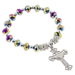 Religious Bracelet with Rainbow AB Rondell Faceted Beads and Crucifix- 5'' Overall Length - 7'' Stretchy Bracelet