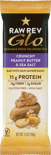 Raw Rev Glo 12 Pack Case - Crunchy Peanut Butter & Sea Salt Bars with Raw Superfoods. High Protein (Plant Based), High Fiber, Low Sugar (Sweetened with Imo), Organic Ingredients, Gluten Free, Non GMO