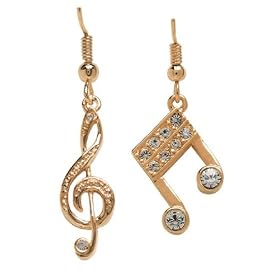 Gold Treble Clef and Double 16th Note Dangle Earrings with Crystal accents