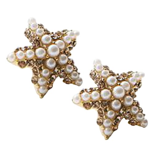 Yazilind Jewelry Korean Style Pentagram With Full Pearl Craystal Stud Earrings for Women Gift Idea
