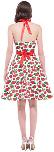 50s 60s Womens Halter Floral Print Retro Vintage Dress Red(XL)