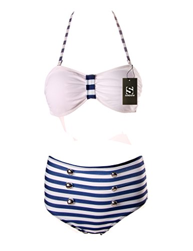 Surenow Cutest Retro Swimsuit Swimwear Vintage Push Up High Waist Bikini Set Stripe