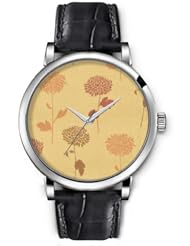SPRAWL Aanalog Fashion Series Silver Ladies Watches of Genuine Black Leather Strap,Unique Wrist Watch for Women Girls Designed with Chrysanthemum flowers on beige background