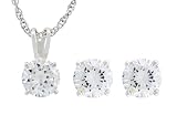Platinum Plated Sterling Silver Clear Round Cubic Zirconia Pendant with Stud Earrings Set Platinum Plated Sterling Silver Clear Round Cubic Zirconia Pendant with Stud Earrings Set