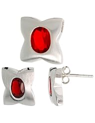 Sterling Silver Matte-finish Four-finger Clover Flower Earrings (12mm tall) & Pendant Slide (13mm tall) Set, w/ Oval Cut Ruby-colored CZ Stones