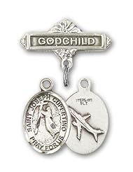 Sterling Silver Baby Badge with St. Joseph of Cupertino Charm and Godchild Badge Pin